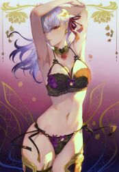 Rule 34 | 1girl, absurdres, armpits, arms up, bow, bow bra, bow panties, bowtie, bra, breasts, detached collar, earrings, fate/grand order, fate (series), fingernails, floral print, gradient background, highres, jewelry, kama (fate), lingerie, long hair, looking at viewer, mashuu (neko no oyashiro), medium breasts, nail polish, navel, panties, parted lips, red eyes, scan, simple background, solo, stomach, thighs, underwear, underwear only, white hair