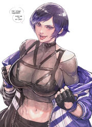 Rule 34 | 1girl, absurdres, black gloves, breasts, choker, cirenk, cleavage, colored tips, crop top, duplicate, english text, gloves, heart, heart-shaped pupils, highres, jacket, large breasts, licking lips, looking at viewer, multicolored hair, namco, pixel-perfect duplicate, purple hair, purple jacket, reina (tekken), speech bubble, symbol-shaped pupils, teeth, tekken, tekken 8, tongue, tongue out