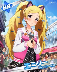 Rule 34 | 10s, 1girl, animal ears, artist request, badge, blonde hair, blush, bow, button badge, cat ears, character name, d:, dress, emily stewart, emily stuart, fake animal ears, hair bow, idolmaster, idolmaster million live!, jewelry, long hair, nail polish, necklace, official art, open mouth, purple eyes, sky, solo, twintails