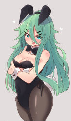 Rule 34 | 1girl, bare shoulders, black leotard, black pantyhose, black ribbon, blush, bow, bowtie, breasts squeezed together, breasts, cleavage, detached collar, green hair, grey background, hair between eyes, hair ornament, highres, kantai collection, leotard, long hair, looking at viewer, medium breasts, open mouth, pantyhose, playboy bunny, ponytail, rabbit girl, rabbit tail, ribbon, smile, solo, strapless, strapless leotard, suzuki toto, tail, wrist cuffs, yamakaze (kancolle)