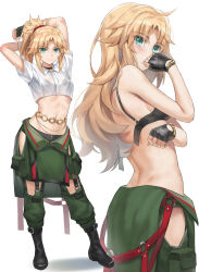 Rule 34 | 1girl, arms up, belly chain, black bra, black gloves, blonde hair, blush, boots, bra, braid, breasts, choker, collared shirt, crop top, fate/apocrypha, fate (series), fingerless gloves, french braid, gloves, green eyes, green pants, hair ornament, hair scrunchie, highres, jewelry, long hair, looking at viewer, midriff, mordred (fate), mordred (fate/apocrypha), multiple views, navel, pants, parted bangs, ponytail, red scrunchie, scrunchie, shirt, short sleeves, sidelocks, simple background, small breasts, smile, tonee, underwear, white shirt