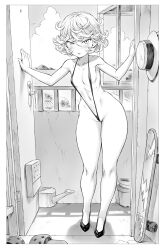 Rule 34 | 1girl, absurdres, bikini, blush, border, breasts, cloud, commentary request, contrapposto, crocs, flipped hair, full body, greyscale, high heels, highres, looking at viewer, micro bikini, mogudan, monochrome, navel, one-punch man, open door, paid reward available, parted lips, shadow, short hair, skateboard, sky, slingshot swimsuit, small breasts, smile, solo, standing, swimsuit, tatsumaki, thick thighs, thighs, tsurime, watering can