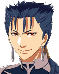 Rule 34 | 1boy, bad id, bad pixiv id, blue hair, cu chulainn (fate), earrings, fate/stay night, fate (series), jewelry, cu chulainn (fate/stay night), long hair, male focus, nina (pastime), ponytail, portrait, red eyes, smile, solo
