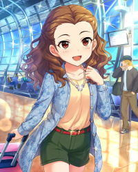 Rule 34 | 10s, 1girl, airport, artist request, belt, blush, brown hair, collarbone, curly hair, faceless, idolmaster, idolmaster cinderella girls, jewelry, long hair, official art, open mouth, red eyes, seki hiromi, shorts, smile, solo focus, suitcase