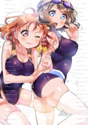 Rule 34 | 2girls, ahoge, arm hug, black one-piece swimsuit, blue eyes, blush, braid, breasts, brown hair, competition swimsuit, cowboy shot, goggles, goggles on head, highres, large breasts, looking at viewer, looking back, love live!, love live! sunshine!!, medium breasts, multiple girls, one-piece swimsuit, open mouth, orange hair, panda copt, red eyes, ribbon, round teeth, short hair, side braid, simple background, smile, swimsuit, takami chika, teeth, thighhighs, upper teeth only, watanabe you, wavy hair, white background, white legwear, yellow ribbon