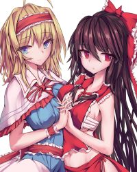 Rule 34 | 2girls, alice margatroid, blonde hair, blue dress, blue eyes, bow, breasts, brown hair, capelet, chinese commentary, closed mouth, commentary request, dress, frilled hairband, frilled sash, frills, hair between eyes, hair bow, hair tubes, hairband, hakurei reimu, highres, interlocked fingers, lcc, long hair, looking to the side, medium hair, multiple girls, navel, red bow, red eyes, red hairband, red neckwear, red sash, red shirt, red skirt, sarashi, sash, shirt, sideboob, sidelocks, simple background, skirt, sleeveless, sleeveless shirt, smile, touhou, upper body, white background, white capelet, wrist cuffs