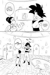 Rule 34 | 1boy, 1girl, absurdres, arm behind head, chi-chi (dragon ball), chinese clothes, closed eyes, comic, commentary, door, dougi, dragon ball, dragonball z, english commentary, english text, funsexydb, greyscale, hair bun, hand on own hip, hands on own hips, highres, husband and wife, monochrome, muscular, muscular male, note, open mouth, paper, refrigerator, single hair bun, smile, son goku, table, wooden floor, wristband
