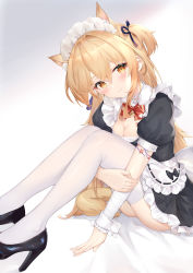 Rule 34 | 1girl, absurdres, alternate costume, alternate hair length, alternate hairstyle, animal ear fluff, animal ears, apron, arm tattoo, bandaged wrist, bandages, black bow, black dress, black footwear, black ribbon, blonde hair, blush, bow, bowtie, breasts, cat ears, cat girl, cat tail, cleavage, closed mouth, collar, detached collar, dress, enmaided, flower tattoo, frilled apron, frilled dress, frilled hairband, frills, genshin impact, hair between eyes, hair ribbon, hairband, head tilt, high heels, highres, holding own arm, knees up, kuroida, long hair, looking at viewer, low neckline, maid, maid headdress, makeup, medium breasts, puffy short sleeves, puffy sleeves, red bow, red bowtie, ribbon, ribbon trim, sarashi, short sleeves, sidelocks, simple background, sitting, smile, solo, tail, tattoo, thighhighs, thighs, two-tone bowtie, two side up, very long hair, white background, white collar, white hairband, white thighhighs, white wrist cuffs, wrist cuffs, yellow eyes, yoimiya (genshin impact)