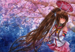 Rule 34 | 10s, 1girl, bad id, bad pixiv id, breasts, brown eyes, brown hair, cherry blossoms, detached sleeves, female focus, flower, hair flower, hair ornament, headgear, highres, holding, kantai collection, large breasts, long hair, looking to the side, miniskirt, oil-paper umbrella, outdoors, painting (medium), pleated skirt, ponytail, skirt, solo, traditional media, tree, umbrella, upper body, very long hair, watercolor (medium), yamato (kancolle), yellowpeace1q85