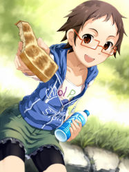 Rule 34 | 10s, 1girl, bike shorts, bike shorts under skirt, bottle, bread, bread slice, brown eyes, brown hair, collarbone, dutch angle, food, giving, glasses, grass, holding, idolmaster, idolmaster cinderella girls, incoming food, kitagawa mahiro, looking at viewer, outstretched arm, religious offering, sakura (medilore), short hair, sitting, skirt, solo, toast, water bottle, zipper