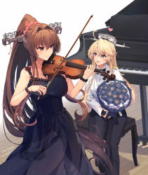Rule 34 | 2girls, ahoge, alternate costume, alternate headgear, artist name, black bow, black bowtie, black dress, blonde hair, blue eyes, bouquet, bow, bow (music), bowtie, breasts, brown eyes, brown hair, dated, dress, dress shirt, flower, grand piano, hair between eyes, hair intakes, headgear, heart, highres, himeyamato, holding, holding bouquet, instrument, iowa (kancolle), kantai collection, large breasts, long hair, long sleeves, multiple girls, music, on bench, pants, piano, piano bench, playing instrument, shirt, sitting, smile, star-shaped pupils, star (symbol), symbol-shaped pupils, very long hair, violin, wooden floor, yamato (kancolle)