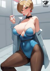 Rule 34 | 1girl, aurea juniper, bare shoulders, blush, bow, bowtie, breasts, coat, coat on shoulders, collarbone, covered navel, creatures (company), earrings, game freak, green eyes, groin tendon, hairband, indoors, jewelry, kaos art, lab coat, large breasts, leotard, looking at viewer, nail polish, nintendo, off shoulder, pantyhose, pink nails, playboy bunny, poke ball, poke ball (basic), pokemon, pokemon bw, rabbit ears, smile, solo, wide hips