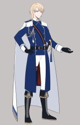 Rule 34 | 1boy, absurdres, ashley ridibundus, belt, black footwear, black gloves, blonde hair, blue eyes, boots, cape, earrings, flug, full body, gloves, grey background, hand on own hip, highres, jewelry, male focus, pants, pixiv fantasia, pixiv fantasia age of starlight, pointy ears, simple background, solo, sword, tassel, weapon, white cape, white pants