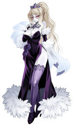 Rule 34 | 1girl, bare shoulders, blonde hair, breasts, bridal gauntlets, cleavage, come hither, cross-laced footwear, dress, elbow gloves, flower, full body, fur, gloves, high heels, highres, jewelry, kenkou cross, lace, lace-trimmed legwear, lace trim, large breasts, long hair, looking at viewer, monster girl, monster girl encyclopedia, necklace, official art, pale skin, ponytail, red eyes, rose, shiny skin, side slit, sidelocks, simple background, smile, solo, strapless, strapless dress, thighhighs, undead, very long hair, white background, wight (monster girl encyclopedia)