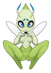 Rule 34 | 1girl, antennae, arttmadness, blue eyes, breasts, celebi, colored skin, creatures (company), fairy, fairy wings, female focus, full body, furry, furry female, game freak, gen 2 pokemon, green skin, hands on own chest, hands up, highres, legendary pokemon, looking at viewer, medium breasts, multicolored skin, mythical pokemon, navel, nintendo, no nipples, nude, open mouth, personification, pokemon, pokemon (creature), pussy, shiny skin, simple background, sitting, solo, spread legs, two-tone skin, uncensored, white background, wings