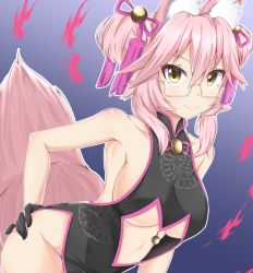 Rule 34 | 1girl, alternate hairstyle, animal ear fluff, animal ears, blush, breasts, chinese clothes, collarbone, fate/grand order, fate (series), fox ears, fox tail, glasses, gloves, highres, koyanskaya (chinese lostbelt outfit) (fate), koyanskaya (fate), large breasts, looking at viewer, niku114514810, pink hair, sideboob, smile, solo, tail, tamamo (fate), underboob, yellow eyes