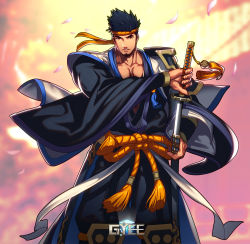 Rule 34 | beard, belt, black hair, blurry, blurry background, facial hair, gauntlets, gyee, headband, highres, japanese clothes, katana, kimono, lan (gyee), logo, looking at viewer, lvlv, male focus, manly, mature male, muscular, muscular male, official art, official wallpaper, open clothes, orange eyes, pectoral cleavage, pectorals, petals, scabbard, sheath, shoulder pads, solo, sword, weapon