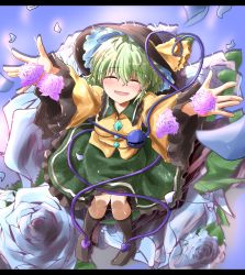 Rule 34 | 1girl, absurdres, arms up, black socks, blue flower, blue rose, commentary request, closed eyes, floral print, flower, frilled skirt, frilled sleeves, frills, green hair, green skirt, hat, hat ribbon, heart, heart of string, highres, koishi day, komeiji koishi, letterboxed, no shoes, oshiaki, purple flower, purple rose, ribbon, rose, shirt, skirt, smile, socks, solo, third eye, touhou, wide sleeves, yellow shirt