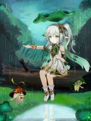 Rule 34 | 1girl, 2others, aranara (genshin impact), blurry, bracelet, cape, cloud, cloudy sky, color0509, commentary, depth of field, detached sleeves, dress, english commentary, forest, full body, genshin impact, gradient hair, grass, green eyes, hair between eyes, hair ornament, highres, holding, holding leaf, jewelry, leaf, leaf umbrella, long hair, looking away, multicolored hair, multiple others, nahida (genshin impact), nature, parted lips, pointy ears, rain, short sleeves, side ponytail, sidelocks, sitting on log, sky, stirrup legwear, symbol-shaped pupils, toeless legwear, toes, white dress, white hair