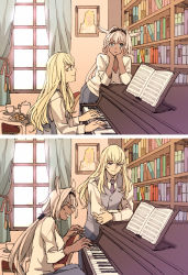 Rule 34 | 1boy, 1girl, :&lt;, bishounen, black hairband, blonde hair, blue eyes, book, bookshelf, caenis (fate), chest tattoo, cup, curtains, dark-skinned female, dark skin, drawing (object), fate/grand order, fate (series), food, grey pants, grey vest, hairband, highres, instrument, kirschtaria wodime, laughing, long hair, low ponytail, multiple views, music, pants, piano, plate, playing instrument, playing piano, shirt, sitting, smile, standing, tattoo, teapot, tsengyun, very long hair, vest, white hair, white shirt, window