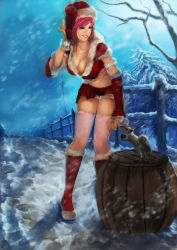 Rule 34 | 1girl, absurdres, acorn, animal, barrel, boots, breasts, christmas, cleavage, crop top, downblouse, elbow gloves, gloves, grin, hat, highres, jakuroi, jewelry bonney, knee boots, midriff, navel, one piece, outdoors, pink hair, purple eyes, santa boots, santa costume, santa hat, short shorts, shorts, smile, snow, solo, squirrel, standing, thighhighs, tree