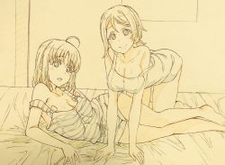 Rule 34 | 2girls, ahoge, breasts, cleavage, graphite (medium), highres, kotokoto (jumon), large breasts, looking at viewer, love live!, love live! sunshine!!, lying, multiple girls, no bra, on bed, on side, short hair, takami chika, traditional media, watanabe you