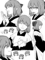 Rule 34 | 1girl, ;), apron, bow, chibi, closed eyes, closed mouth, commentary request, greyscale, hair between eyes, hair bow, half updo, japanese clothes, kimono, kohaku (tsukihime), looking at viewer, looking away, maid, maid apron, metarogu, monochrome, multiple views, one eye closed, open mouth, profile, short hair, simple background, smile, solo, tsukihime, tsukihime (remake), wa maid, wide sleeves