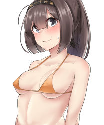 Rule 34 | 1girl, absurdres, akizuki (kancolle), bikini, black hair, blush, breasts, closed mouth, commentary request, grey eyes, hair between eyes, hair flaps, hair ornament, headband, highres, kantai collection, kiritto, looking at viewer, medium breasts, ponytail, simple background, solo, stomach, swimsuit, white background, yellow bikini