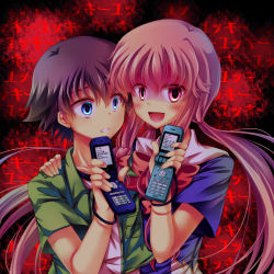 Rule 34 | 1boy, 1girl, :d, amano yukiteru, black hair, blue eyes, blush, cellphone, closed mouth, couple, floral background, gasai yuno, hetero, highres, long hair, looking at viewer, low twintails, mirai nikki, nobuda, open clothes, open mouth, open shirt, phone, pink eyes, pink hair, shirt, short hair, short sleeves, smile, text focus, translation request, twintails, upper body, yandere