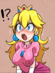 Rule 34 | !?, 1girl, :o, big head, blonde hair, blue eyes, blush, breasts, brooch, constricted pupils, covered erect nipples, crown, dress, earrings, elbow gloves, eyelashes, gloves, impossible clothes, impossible dress, jewelry, leaning forward, lips, long hair, looking away, mario (series), medium breasts, nintendo, no bra, open mouth, pink background, pink dress, pink lips, princess, princess peach, puffy short sleeves, puffy sleeves, redmatzoo, short sleeves, simple background, solo, super mario bros. 1, surprised, teeth, trembling, upper body, upper teeth only, white gloves