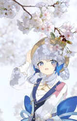 Rule 34 | 1girl, absurdres, ayaka (genshin impact), blue eyes, blue hair, blunt bangs, braid, butterfly hair ornament, cherry blossoms, collar, commentary, flower, genshin impact, hair flower, hair ornament, hair up, hand on own head, hand up, highres, kamisato ayaka, kamisato ayaka (springbloom missive), light blue hair, long sleeves, looking at viewer, mou banlangen, official alternate costume, open mouth, puffy long sleeves, puffy sleeves, smile, solo, upper body, white collar