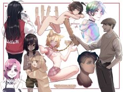 3boys 6+girls absurdres ahoge armpit_hair ass black_choker black_hair blind_girl_(popopoka) blue_eyes body_freckles breasts brown_hoodie brown_pants brown_shorts brown_vest cat_baguette_(popopoka) chain choker clothes_lift completely_nude dark-skinned_female dark_skin earrings freckles grey_skirt grin heart highres holding hood hood_down hoodie jacket jewelry lipstick_mark long_hair medium_hair multiple_boys multiple_girls nipples nude original pants personification pink_hair pink_shirt plaid_clothes plaid_skirt popopoka raglan_sleeves red_jacket shirt shirt_lift short_hair shorts skirt small_breasts smile striped_clothes striped_shirt teeth topless twintails vest white_jacket