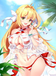 Rule 34 | 1girl, :d, absurdres, ahoge, bead bracelet, beads, bikini, blonde hair, blue sky, bracelet, breasts, cleavage, day, earrings, fate/grand order, fate (series), green eyes, hair intakes, hair ribbon, highres, huashengjiang, index finger raised, jewelry, large breasts, long hair, looking at viewer, looking to the side, navel, nero claudius (fate), nero claudius (fate) (all), nero claudius (swimsuit caster) (fate), nero claudius (swimsuit caster) (third ascension) (fate), open mouth, ribbon, side-tie bikini bottom, sky, smile, solo, standing, striped bikini, striped clothes, sun beam, swimsuit, white ribbon