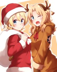 Rule 34 | 10s, 2girls, alternate costume, animal costume, antlers, arm around waist, bad id, bad pixiv id, bag, blonde hair, blue eyes, braid, brown jacket, closed mouth, commentary request, darjeeling (girls und panzer), emblem, fake antlers, from side, girls und panzer, hat, highres, holding, hood, hoodie, horns, jacket, kapatarou, kay (girls und panzer), long hair, long sleeves, looking at viewer, multiple girls, one eye closed, open mouth, over shoulder, oversized object, red hat, red jacket, reindeer antlers, reindeer costume, santa costume, santa hat, short hair, smile, standing, star (symbol), twin braids, upper body, yuri