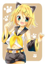 Rule 34 | 1girl, :3, amane (amnk1213), animal ears, aqua eyes, bare shoulders, belt, blonde hair, blush, brown background, cat ears, clenched hands, collarbone, crop top, detached sleeves, fang, fang out, hair ornament, hairclip, highres, kagamine rin, kemonomimi mode, midriff, navel, open mouth, paw pose, paw print, sailor collar, shirt, short hair, shorts, sleeveless, sleeveless shirt, smile, solo, treble clef, vocaloid