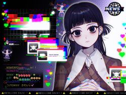 Rule 34 | 1girl, animification, blunt bangs, blush, brown jacket, chat log, chromatic aberration, collared shirt, frown, glitch, haewon (nmixx), hair behind ear, head tilt, heart, highres, jacket, long hair, looking at viewer, nmixx, o bianyi didi shu o, own hands clasped, own hands together, plaid, plaid jacket, real life, shirt, sign, solo, warning sign, white shirt
