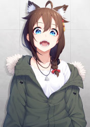 Rule 34 | 1girl, absurdres, ahoge, animal ear fluff, animal ears, blue eyes, blush, braid, brown hair, casual, cat ears, coat, collarbone, fangs, fur-trimmed coat, fur trim, green coat, hair between eyes, hair flaps, hair ornament, hair over shoulder, hair ribbon, highres, jewelry, kantai collection, long hair, looking at viewer, necklace, ochiai miyabi, open mouth, ribbon, shigure (kancolle), shigure kai ni (kancolle), shirt, sidelocks, single braid, solo, upper body, white shirt