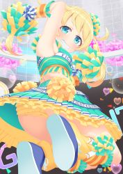 Rule 34 | 10s, 1girl, armpits, blonde hair, blue eyes, cheerleader, commentary request, grin, heart, highres, jumping, kiratto pri chan, lens flare, looking at viewer, moegi emo, pom pom (cheerleading), pretty series, smile, solo, tachimi (basue), twintails