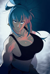 Rule 34 | 1girl, abs, absurdres, backlighting, black tank top, black vest, blue eyes, blue hair, breasts, cleavage, cold, earrings, explosive, eyelashes, frown, gold earrings, grenade, hardkoba, high ponytail, highres, jewelry, large breasts, leona heidern, long hair, looking at viewer, midriff, muscular, muscular female, ponytail, resolution mismatch, simple background, sleeveless, snk, solo, source smaller, tank top, the king of fighters, the king of fighters xiii, vest