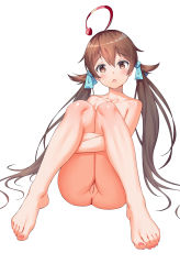 Rule 34 | 1girl, absurdres, ahoge, aqua ribbon, ass, barefoot, brown eyes, brown hair, chinese commentary, cleft of venus, dyed ahoge, highres, knees together feet apart, legs folded, legs together, long hair, looking at viewer, nail polish, nude, pink nails, pussy, ribbon, shinka musume, shinka musume channel, sitting, solo, toes, twintails, uncensored, virtual youtuber, white background, xiaoxi0619