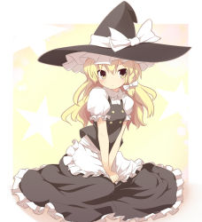 Rule 34 | 1girl, apron, blonde hair, blush, braid, expressionless, female focus, full body, gradient background, hat, highres, kirisame marisa, miko machi, sitting, skirt, solo, star (symbol), touhou, v arms, white background, witch, witch hat, yellow eyes