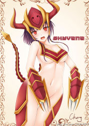 Rule 34 | 1girl, absurdres, armor, bare shoulders, blush, breasts, brown background, character name, cheng, claw (weapon), cleavage, fang, groin, helmet, highres, league of legends, navel, no bra, no panties, open mouth, purple hair, red eyes, shyvana, signature, solo, tail, thigh gap, thighs, underboob, weapon
