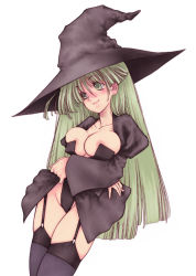 Rule 34 | 1girl, blonde hair, breast hold, breasts, fuyube rion, garter belt, hat, large breasts, long hair, original, solo, thighhighs, witch hat, yellow eyes