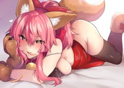 Rule 34 | 10s, 1girl, animal ear fluff, animal ears, animal hands, apron, bare shoulders, bell, black thighhighs, blush, bow, breasts, cat paws, claws, collar, fate/extra, fate/grand order, fate (series), food, fox ears, fox tail, french fries, gloves, hair between eyes, hair bow, hip focus, jingle bell, kaenuco, large breasts, long hair, looking at viewer, lying, mouth hold, naked apron, neck bell, on stomach, parted lips, paw gloves, paw shoes, pink hair, ponytail, red bow, shoes, sideboob, sidelocks, smile, solo, tail, tamamo (fate), tamamo cat (fate), thighhighs, thighs, yellow eyes