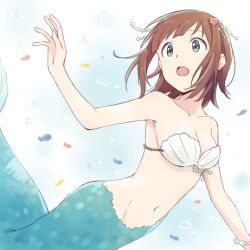 Rule 34 | 1girl, air bubble, amami haruka, arm up, bare shoulders, bikini, bikini top only, breasts, brown hair, bubble, cleavage, collarbone, demirinz, fish, green eyes, hair ornament, idolmaster, idolmaster (classic), idolmaster million live!, idolmaster million live! theater days, looking at another, medium breasts, mermaid, monster girl, navel, open hand, open mouth, shell, shell bikini, short hair, solo, star (symbol), star hair ornament, submerged, swimsuit, underwater, water, white bracelet