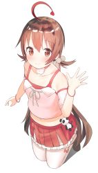 Rule 34 | 1girl, absurdres, ahoge, bad id, bad pixiv id, bare shoulders, blush, bow, brown eyes, brown footwear, brown hair, closed mouth, collarbone, commentary request, copyright request, detached sleeves, dyed ahoge, full body, hair between eyes, hair bobbles, hair ornament, hand up, heart, highres, idemitsu, kneeling, long hair, low twintails, midriff, multicolored hair, navel, pink shirt, pink thighhighs, pleated skirt, red bow, red hair, red skirt, shadow, shirt, shoes, short sleeves, skirt, smile, solo, streaked hair, thighhighs, twintails, very long hair, virtual youtuber, white background, white sleeves
