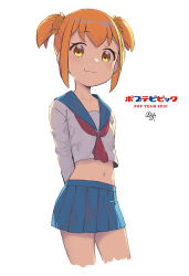 Rule 34 | 10s, 1girl, :3, arms behind back, blue skirt, cloba, commentary request, copyright name, cowboy shot, cropped legs, hair ornament, hair scrunchie, highres, looking at viewer, midriff, navel, orange hair, pleated skirt, poptepipic, popuko, school uniform, scrunchie, serafuku, short hair, simple background, skirt, smile, solo, two side up, white background, yellow eyes