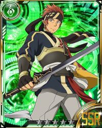 Rule 34 | 10s, 1boy, bandana, brown eyes, brown hair, card (medium), holding, holding sword, holding weapon, katana, klein (sao), klein (sao-alo), looking at viewer, male focus, matching hair/eyes, pointy ears, short hair, smile, solo, spiked hair, star (symbol), sword, sword art online, weapon