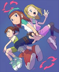 Rule 34 | belt, blonde hair, breasts, brown hair, closed mouth, commentary request, crossover, denim, digimon, digimon frontier, digimon tamers, dress, foreshortening, from below, green eyes, hat, jeans, katou juri, long hair, looking at viewer, makino ruki, multiple girls, open mouth, orimoto izumi, pants, ponytail, shirt, short hair, smile, striped, t k g, wristband