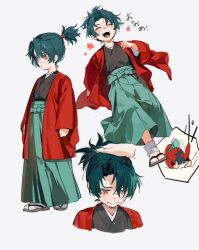 Rule 34 | 1boy, :d, ^ ^, aged down, bandage on face, bandages, black kimono, child, closed eyes, crying, curtained hair, fate/samurai remnant, fate (series), green hair, green hakama, hakama, headpat, high ponytail, iwkfk 02, japanese clothes, kimono, long hair, male focus, multiple views, open mouth, ponytail, red eyes, red kimono, running, sandals, simple background, smile, solo, tabi, tripping, white background, zheng chenggong (fate), zouri